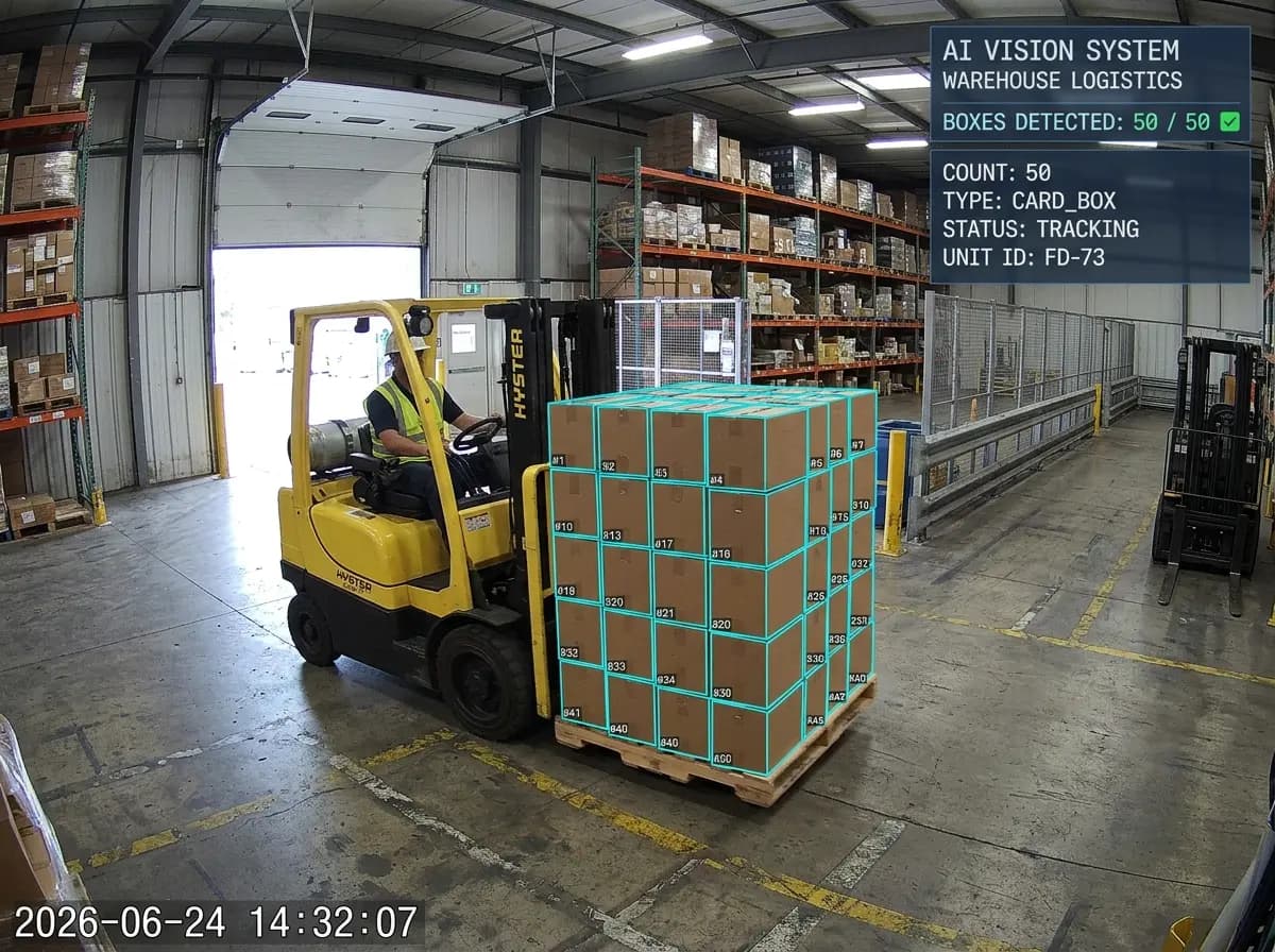AI vision system counting boxes on a packing line via CCTV